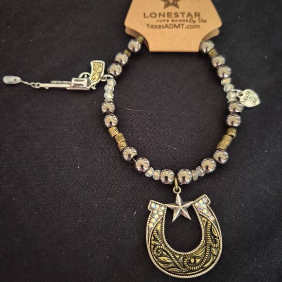 Lone Star Luxe Western Hat Band Gunmetal Beads Horseshoe Pendant USA Made - Picture 3 of 4